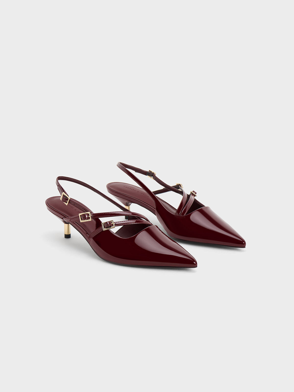 Patent Buckle-Strap Kitten Heel Slingback Pumps, Maroon, hi-res