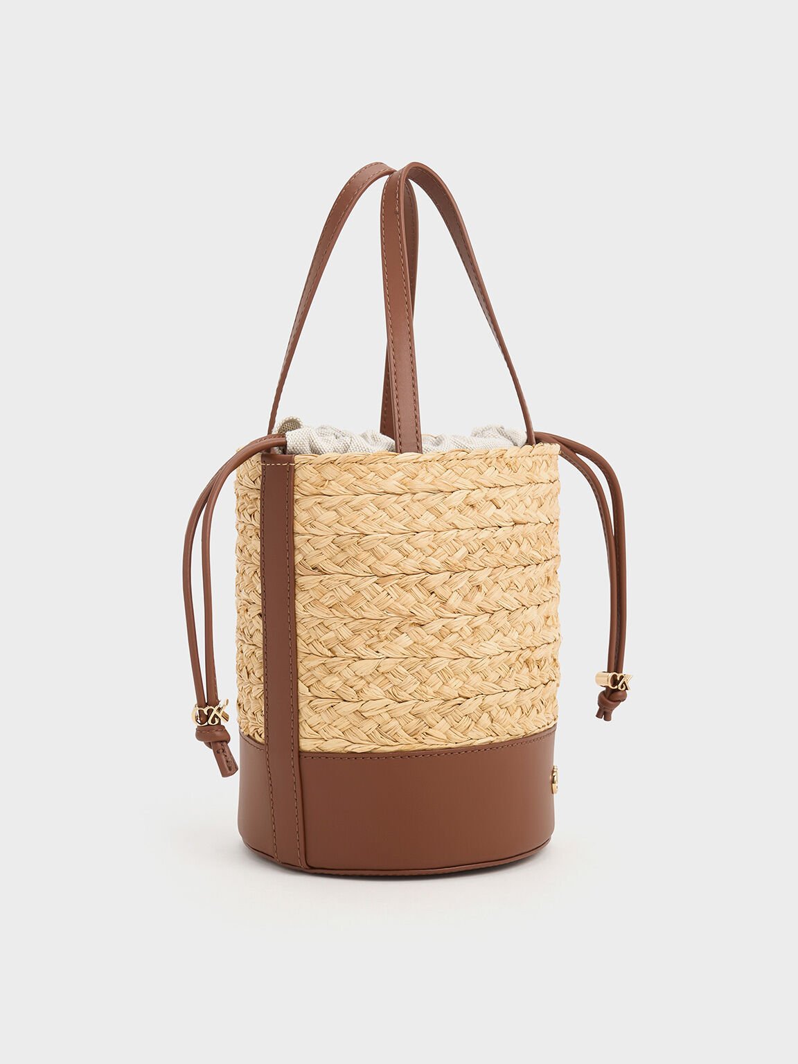 Leather & Raffia Bucket Bag, Brown, hi-res