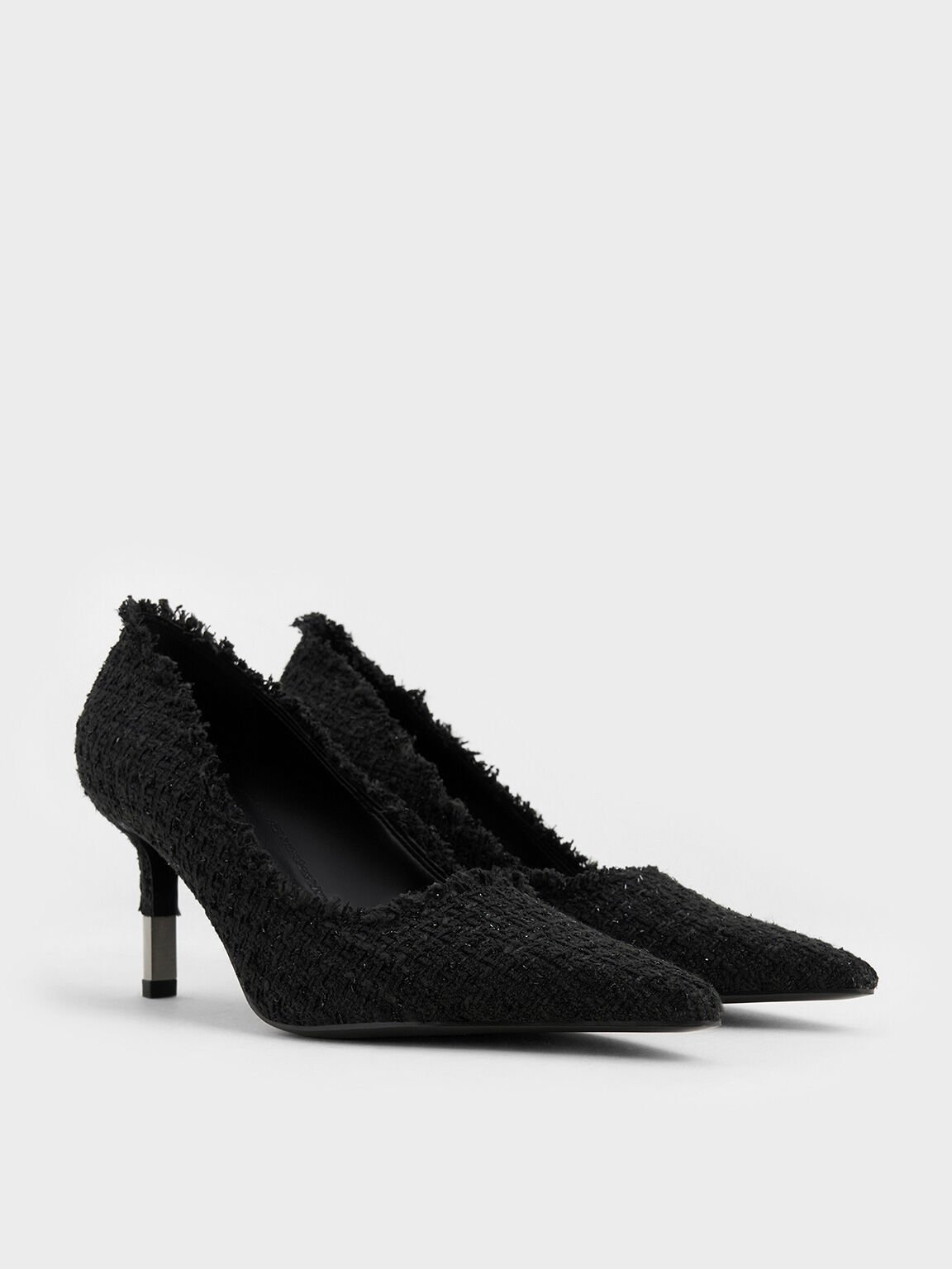 Tweed Pointed-Toe Stiletto Pumps, Black Textured, hi-res