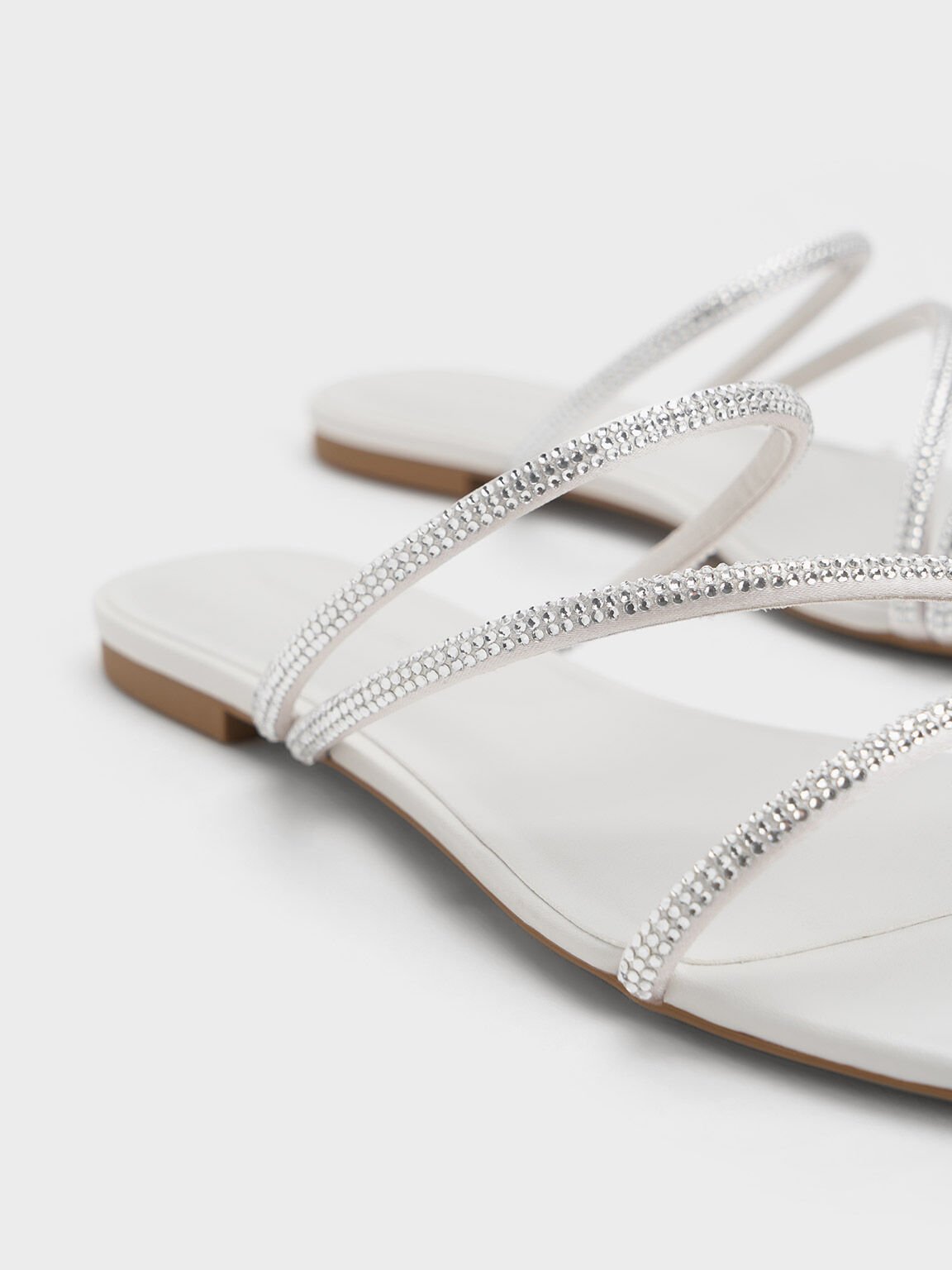 Satin Crystal-Embellished Strappy Sandals, White, hi-res