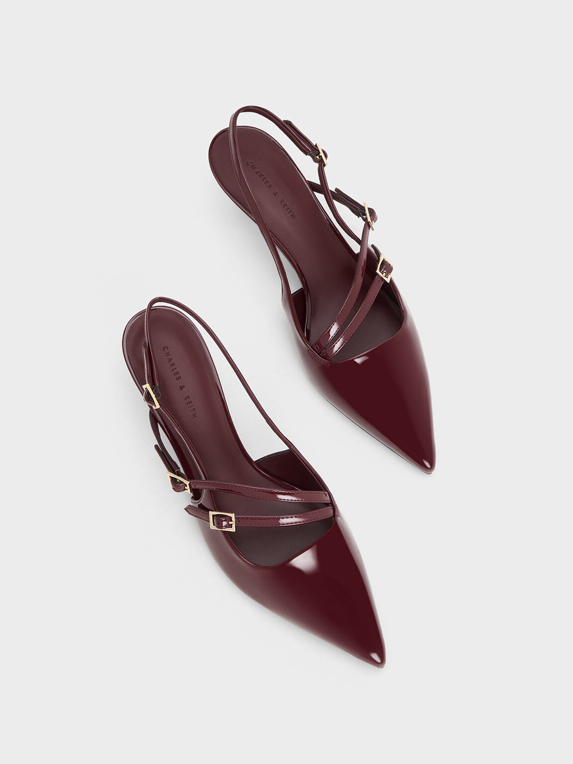 Patent Buckle-Strap Kitten Heel Slingback Pumps, Maroon, hi-res