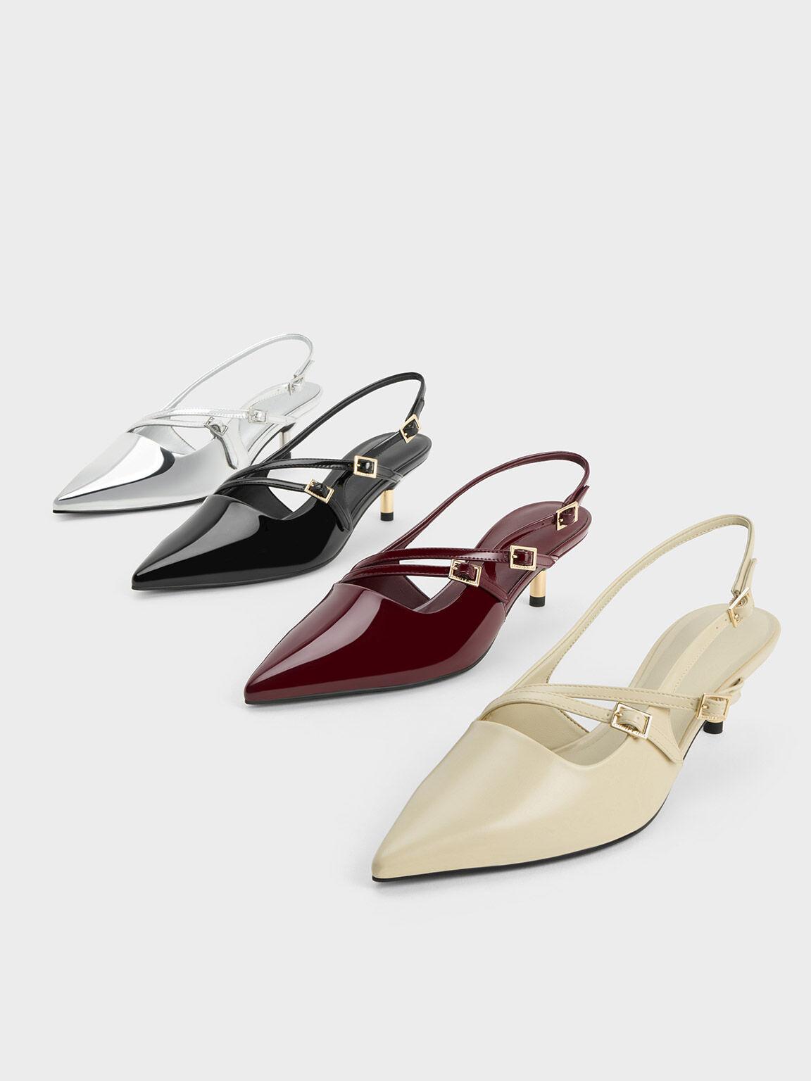 Patent Buckle-Strap Kitten Heel Slingback Pumps, Maroon, hi-res