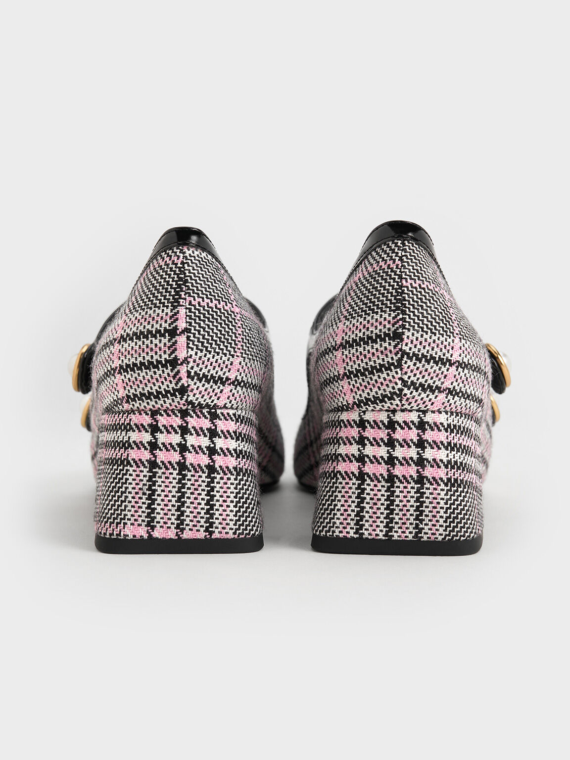 Plaid Pearl-Buckle Mary Jane Pumps, Pink, hi-res