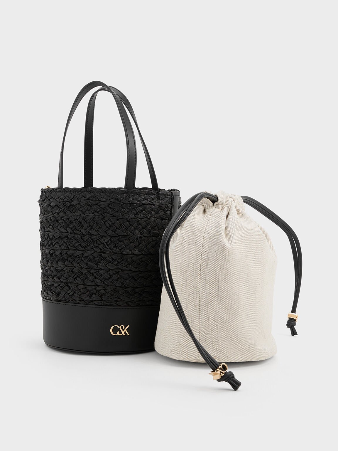 Leather & Raffia Bucket Bag, Black, hi-res