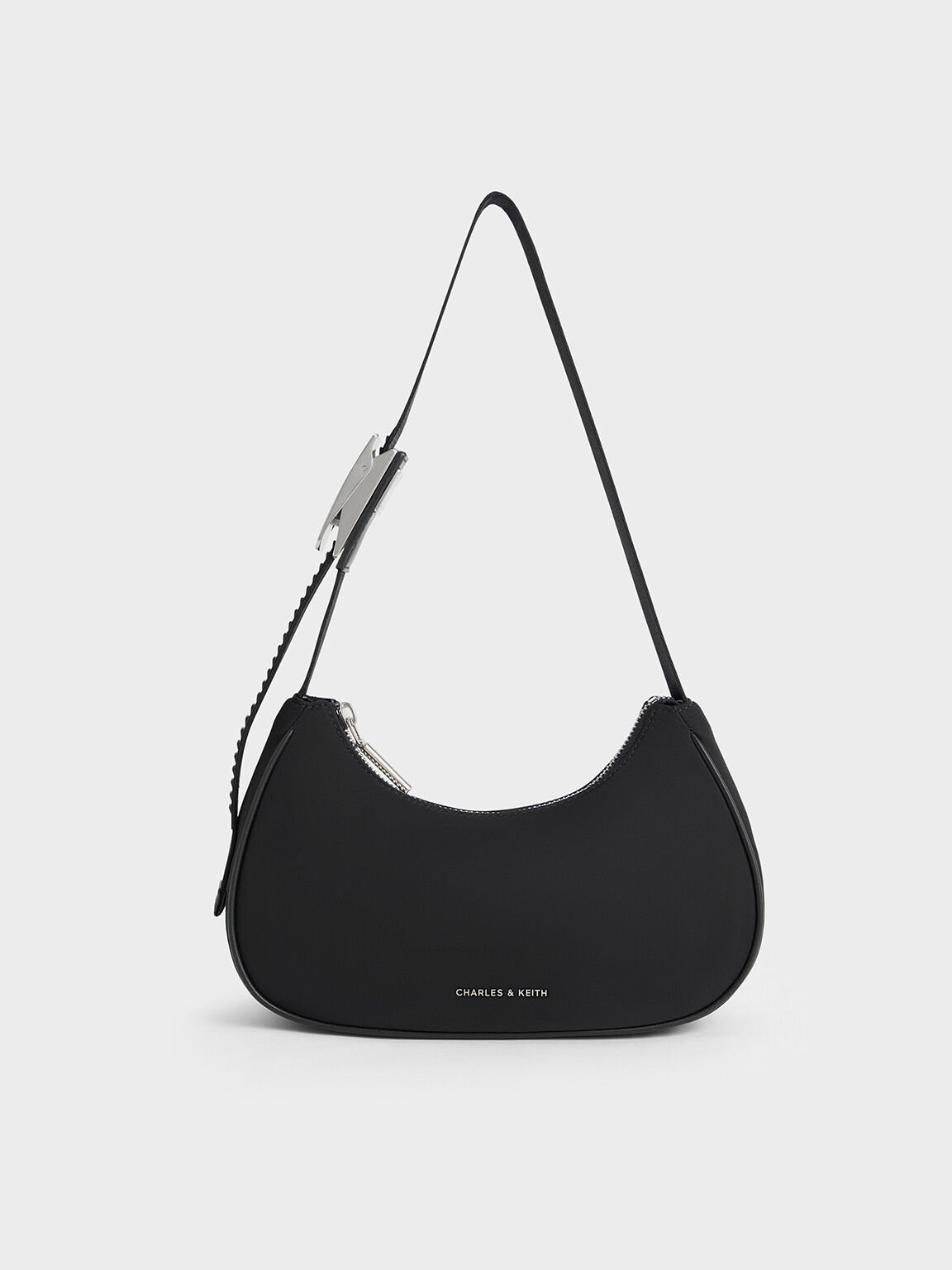 Nylon Curved Metallic-Accent Shoulder Bag, Noir, hi-res