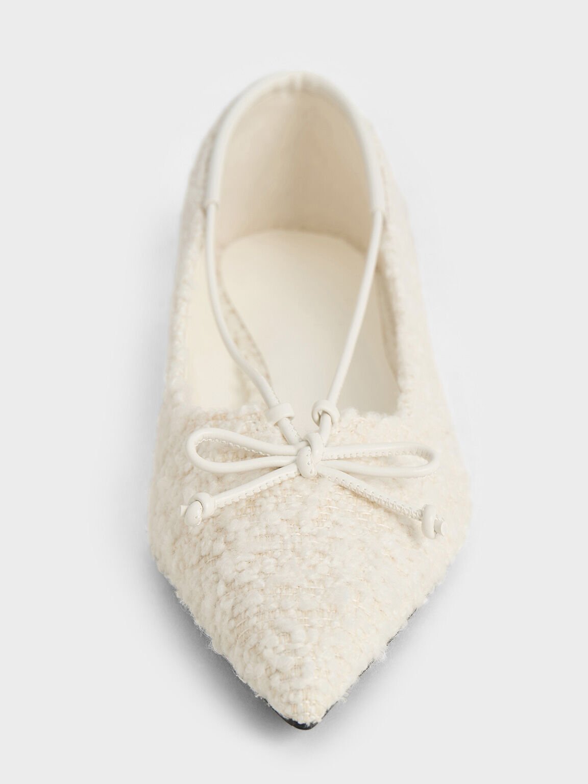 Textured Bow Pointed-Toe Ballet Flats, White, hi-res