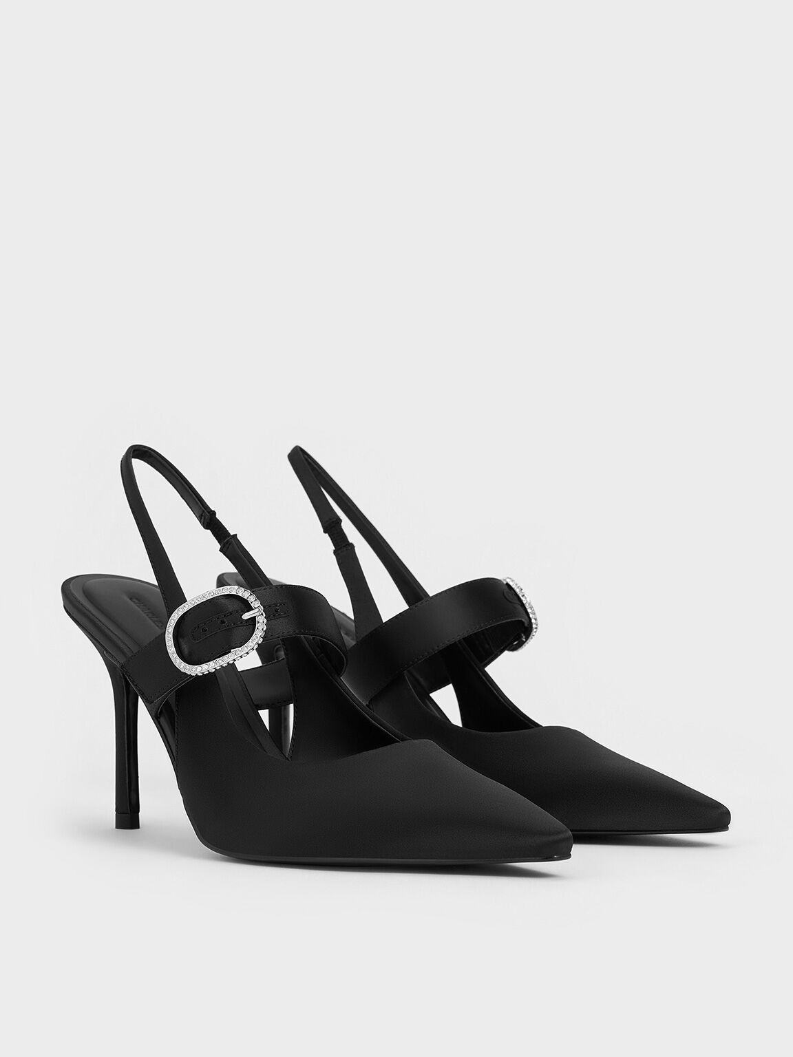 Satin Crystal-Embellished Slingback Mary Jane Pumps, Black Textured, hi-res