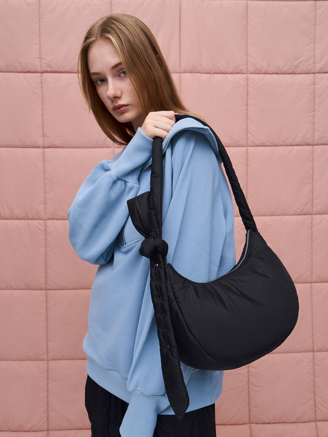 Delilah Nylon Knotted Hobo Bag, Noir, hi-res