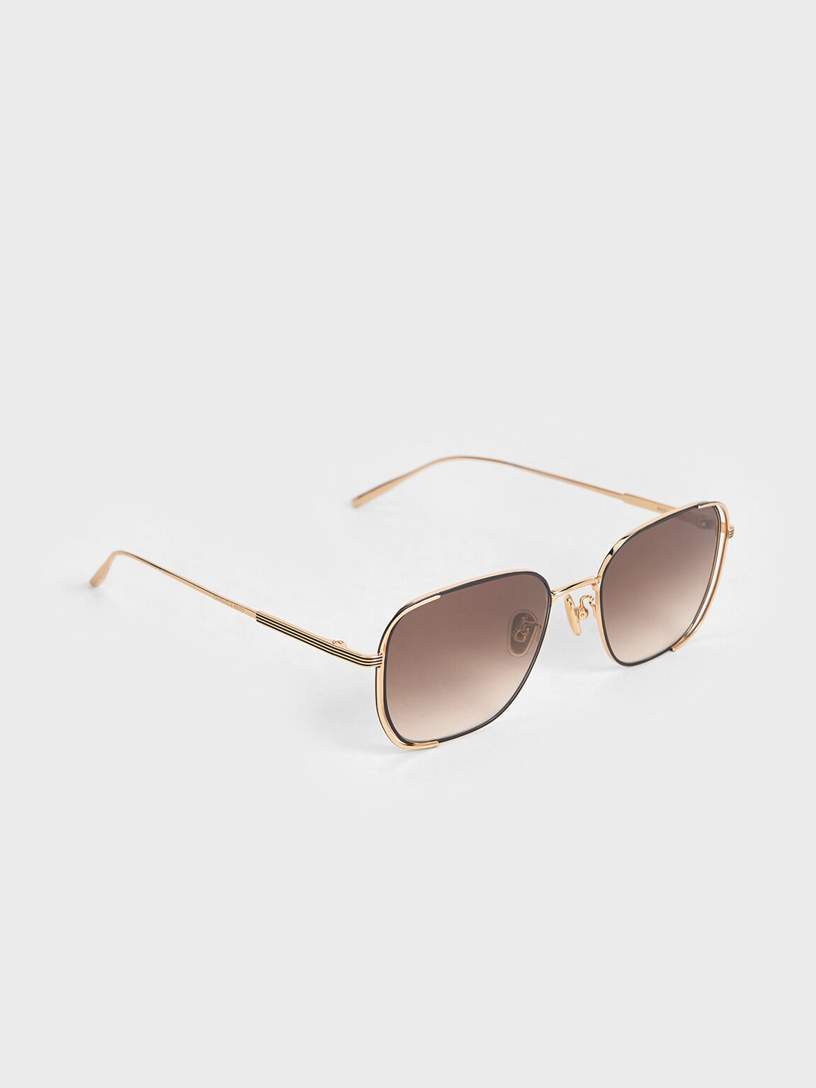Metallic-Rim Rectangular Sunglasses, Black, hi-res