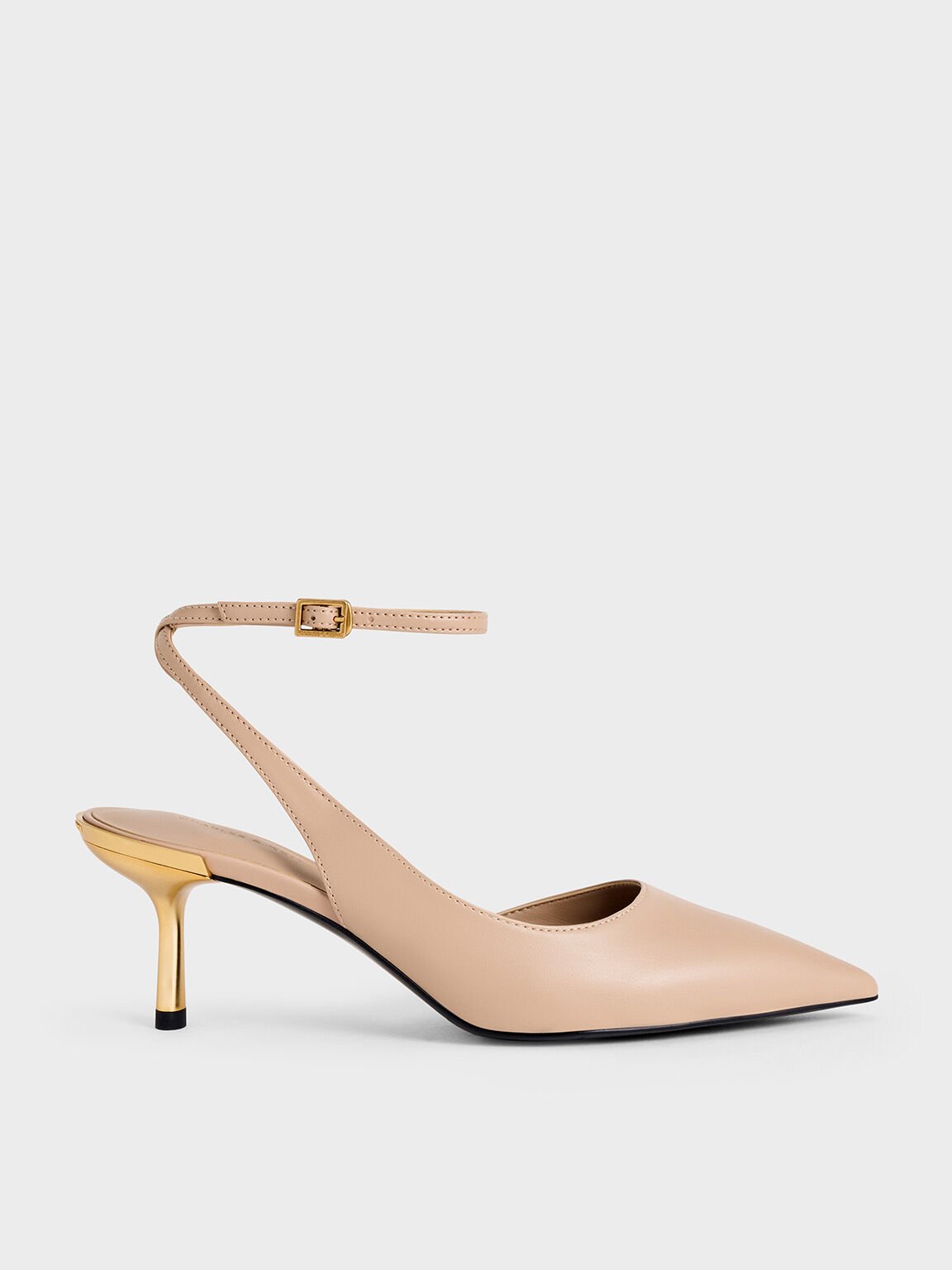 Metallic-Heel Ankle-Strap D'Orsay Pumps, Nude, hi-res