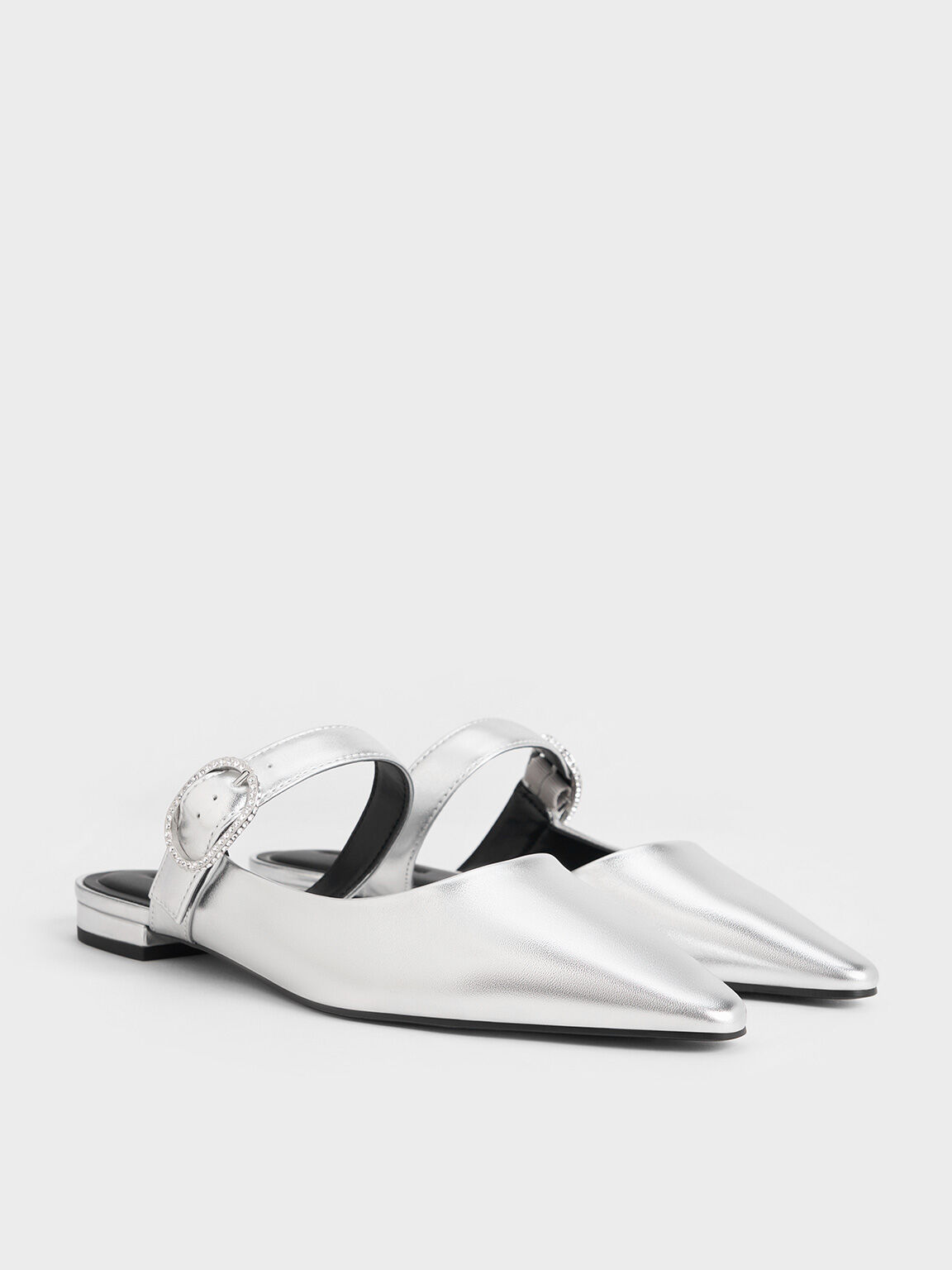 Metallic Crystal-Buckle Pointed-Toe Mules, Silver, hi-res