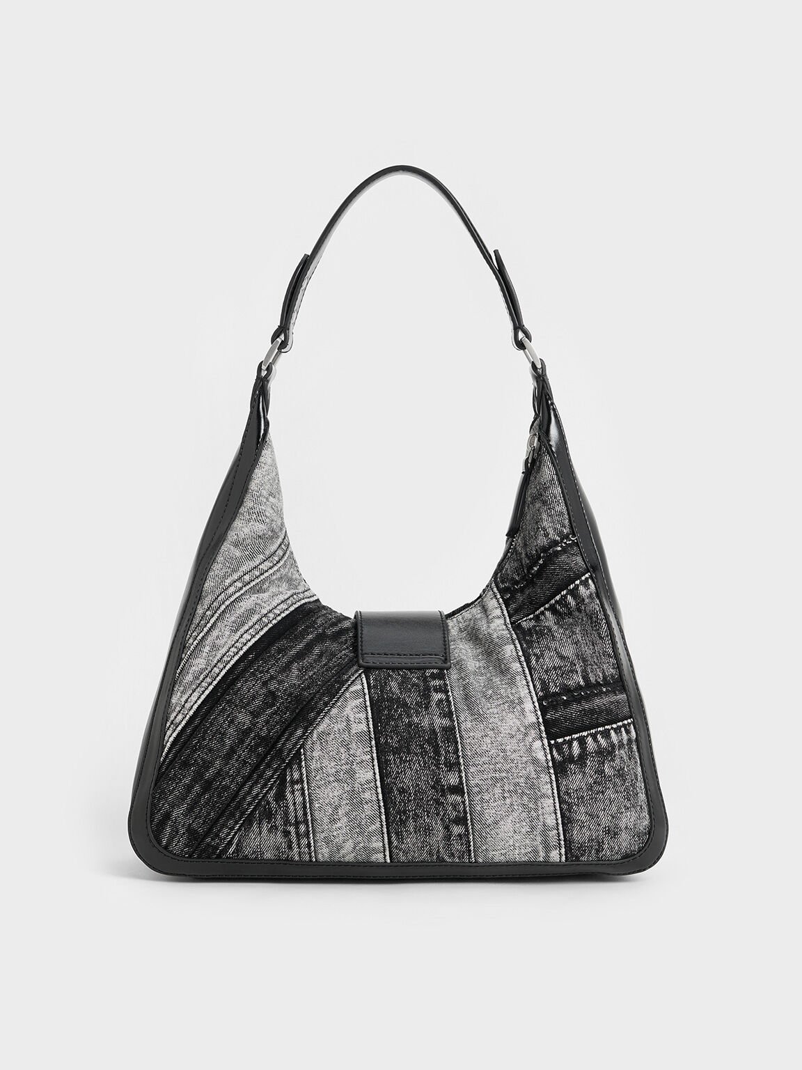 Charlot Patchwork Denim Hobo Bag, Noir, hi-res