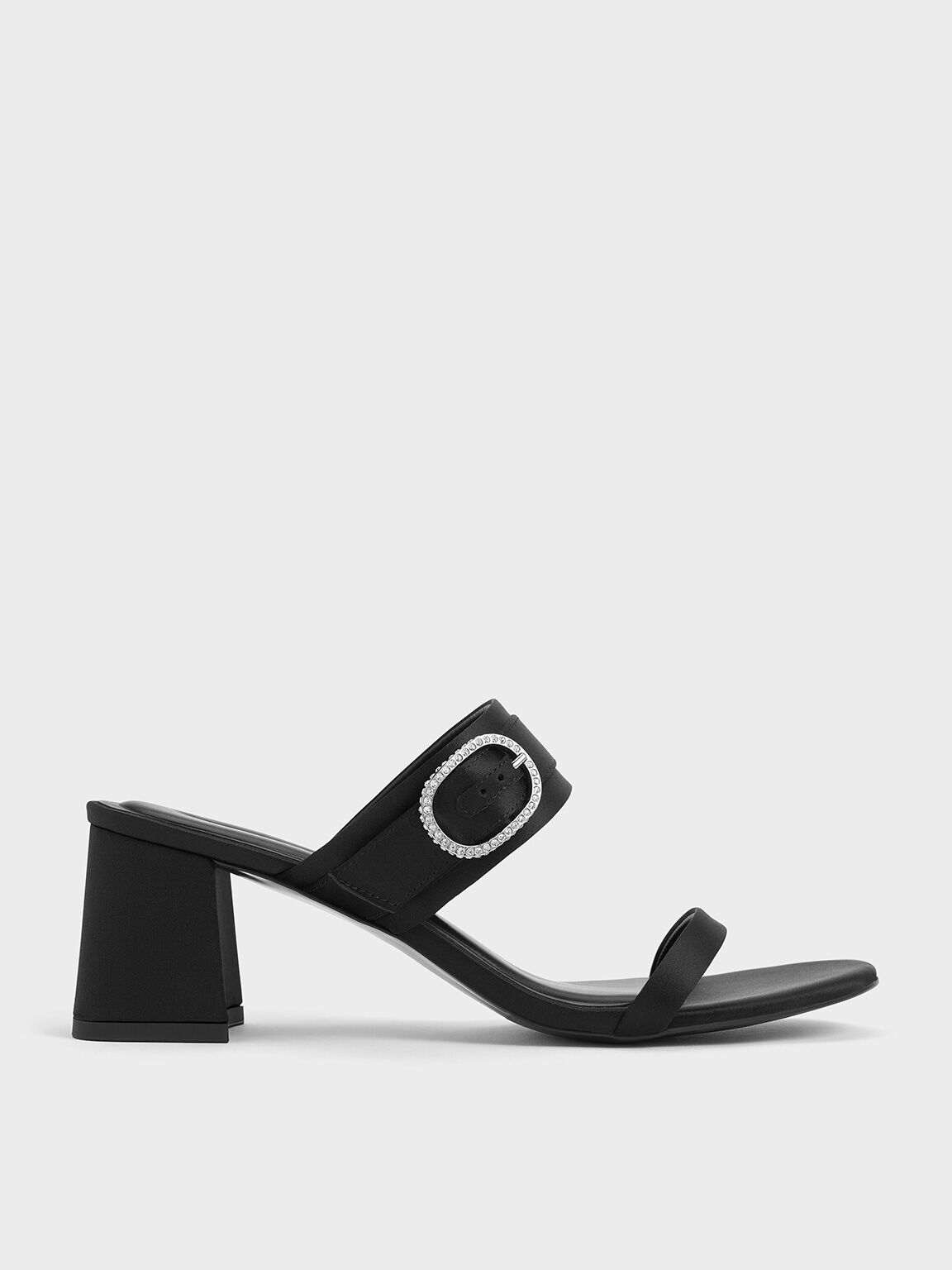 Recycled Polyester Crystal-Buckle Block-Heel Mules, Black Textured, hi-res