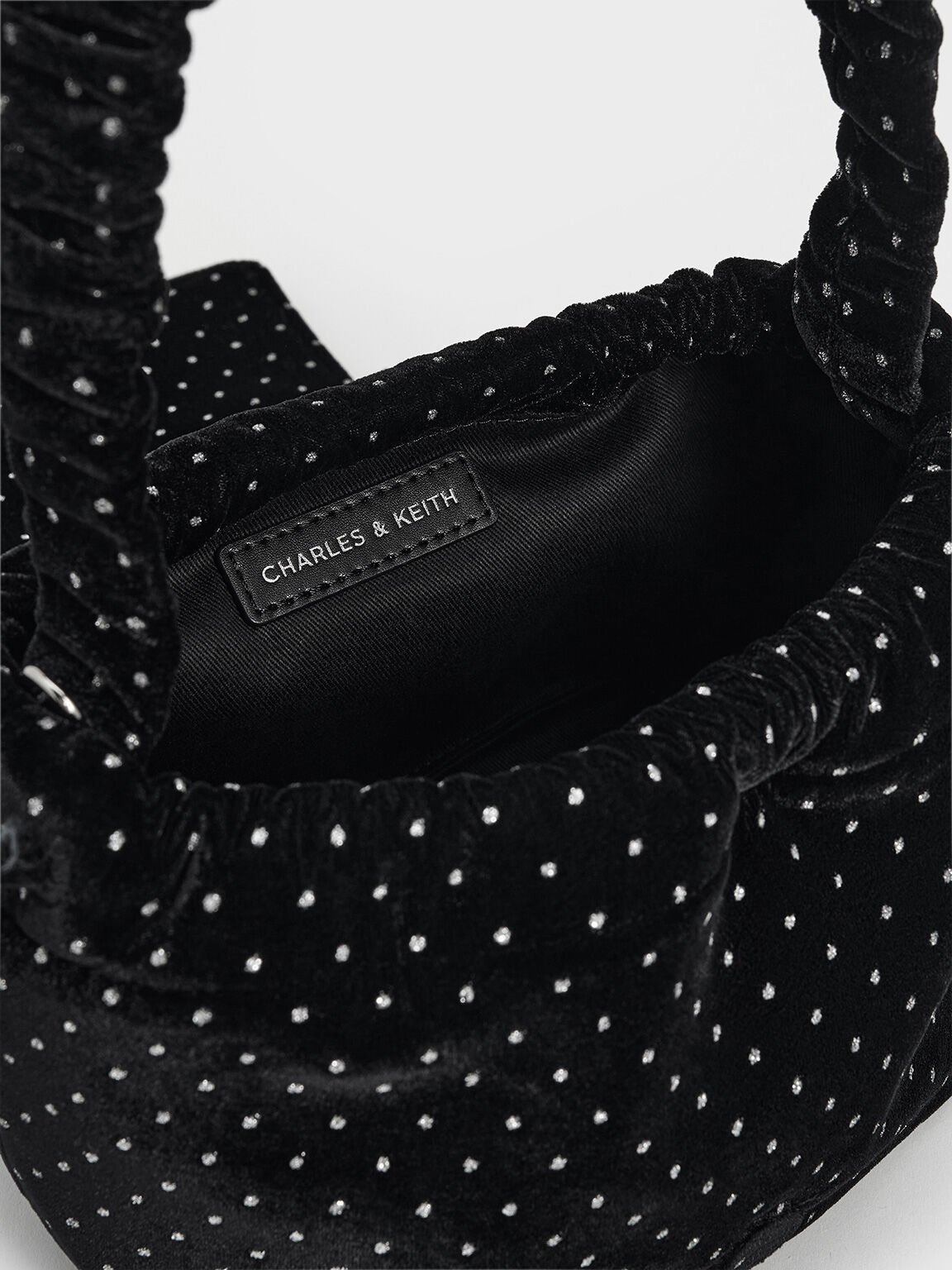 Velvet Dotted Bow Ruched Top Handle Bag, Black Textured, hi-res