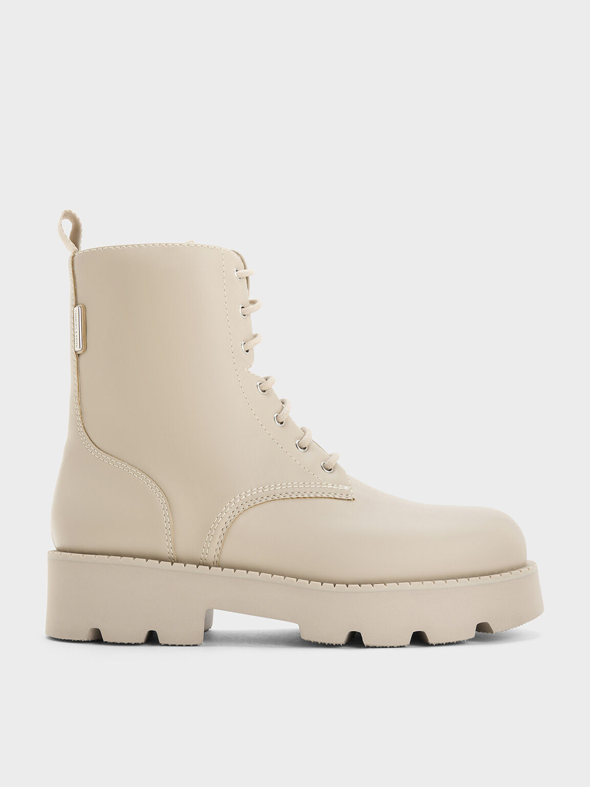 Ridged-Sole Lace-Up Combat Boots, Beige, hi-res