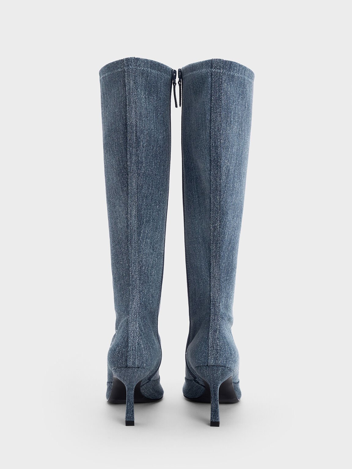 Denim Lace-Up Pointed-Toe Knee-High Boots, Denim Blue, hi-res