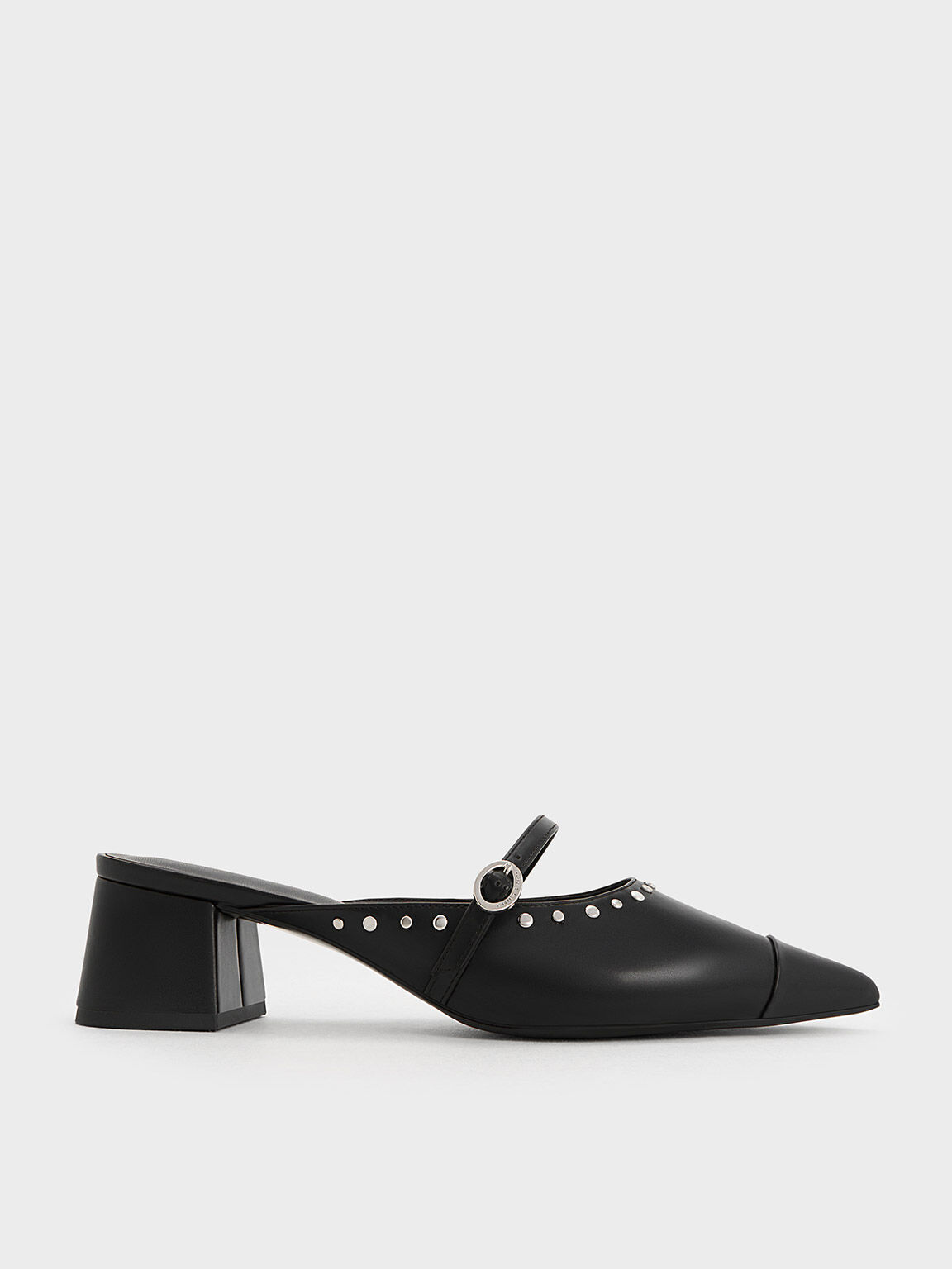 Black Studded Pointed-Toe Block Heel Mules - CHARLES & KEITH UK