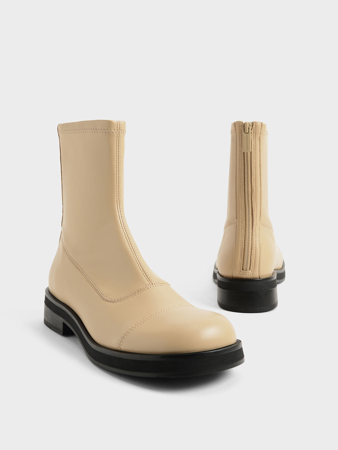 Round Toe Zip-Up Ankle Boots - Sand