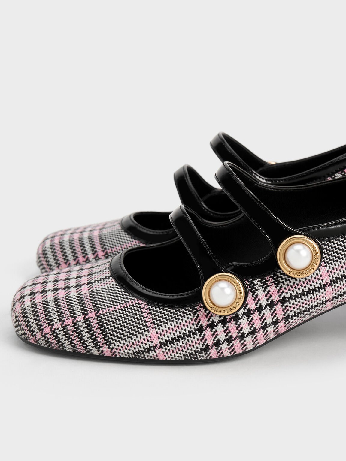 Plaid Pearl-Buckle Mary Jane Pumps, Pink, hi-res