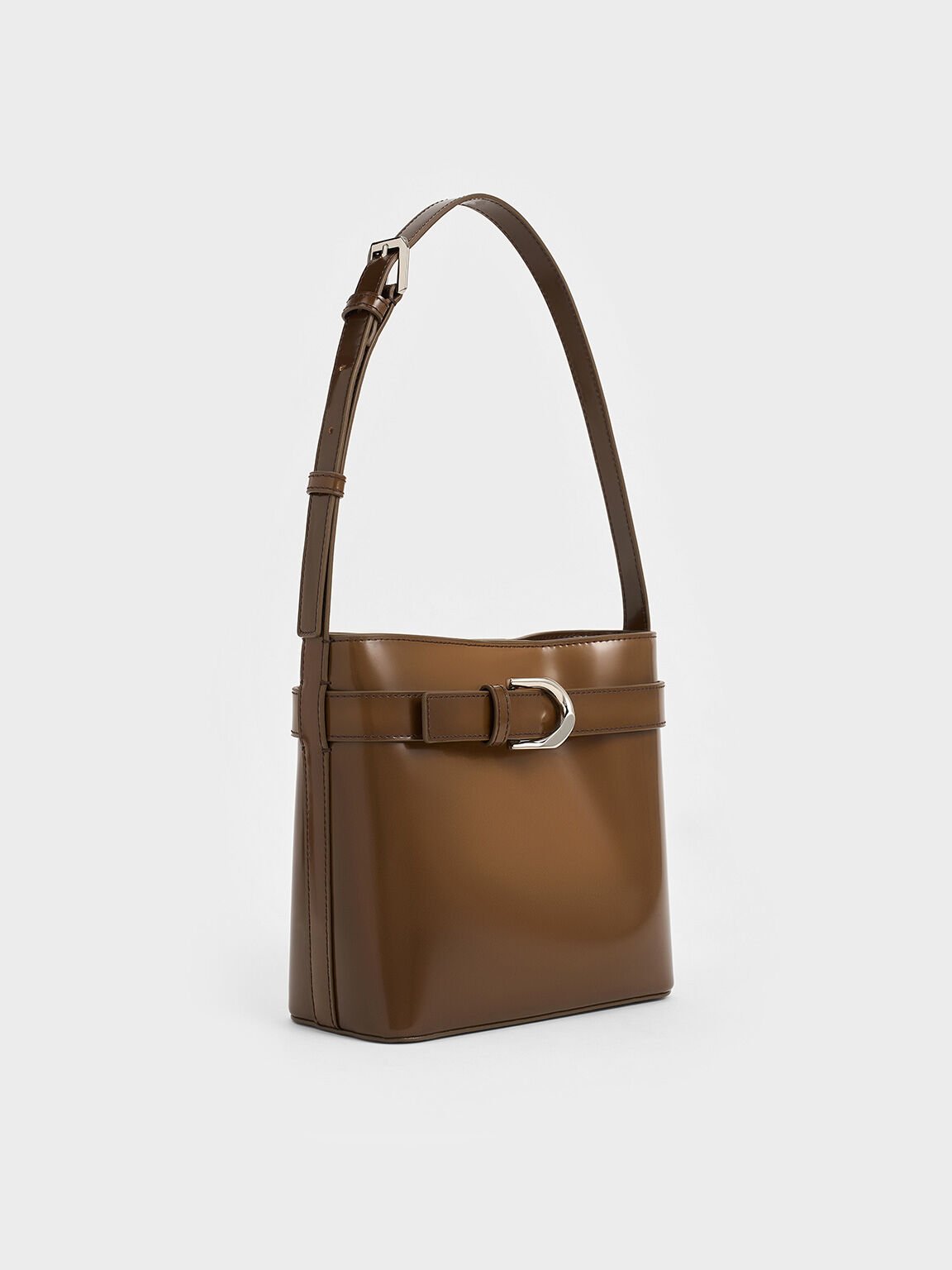 Gabine Leather Belted Bucket Bag, Brown, hi-res