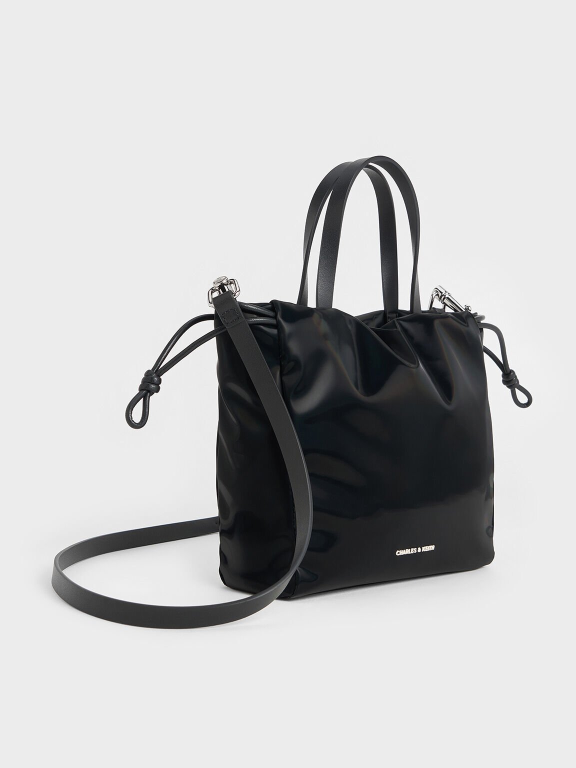 Mini Bethel Shiny Ruched Drawstring Tote Bag, Jet Black, hi-res