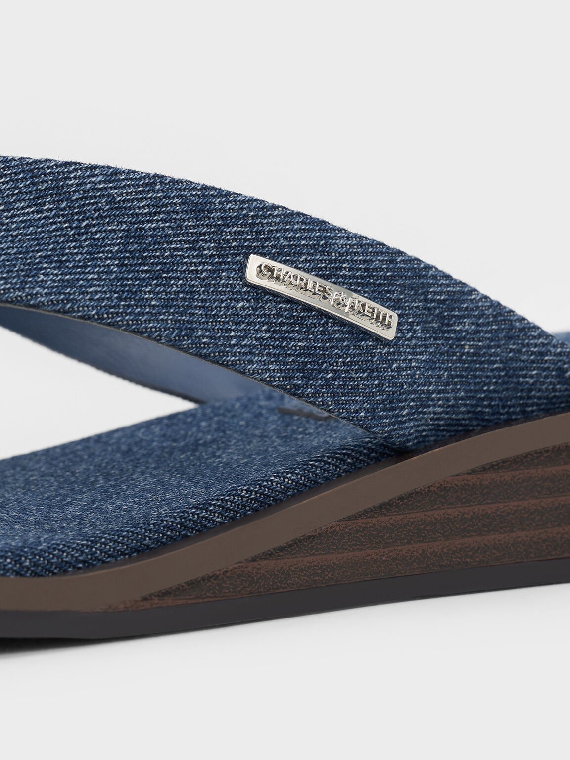 Denim V-Strap Wedge Thong Sandals, Blue, hi-res