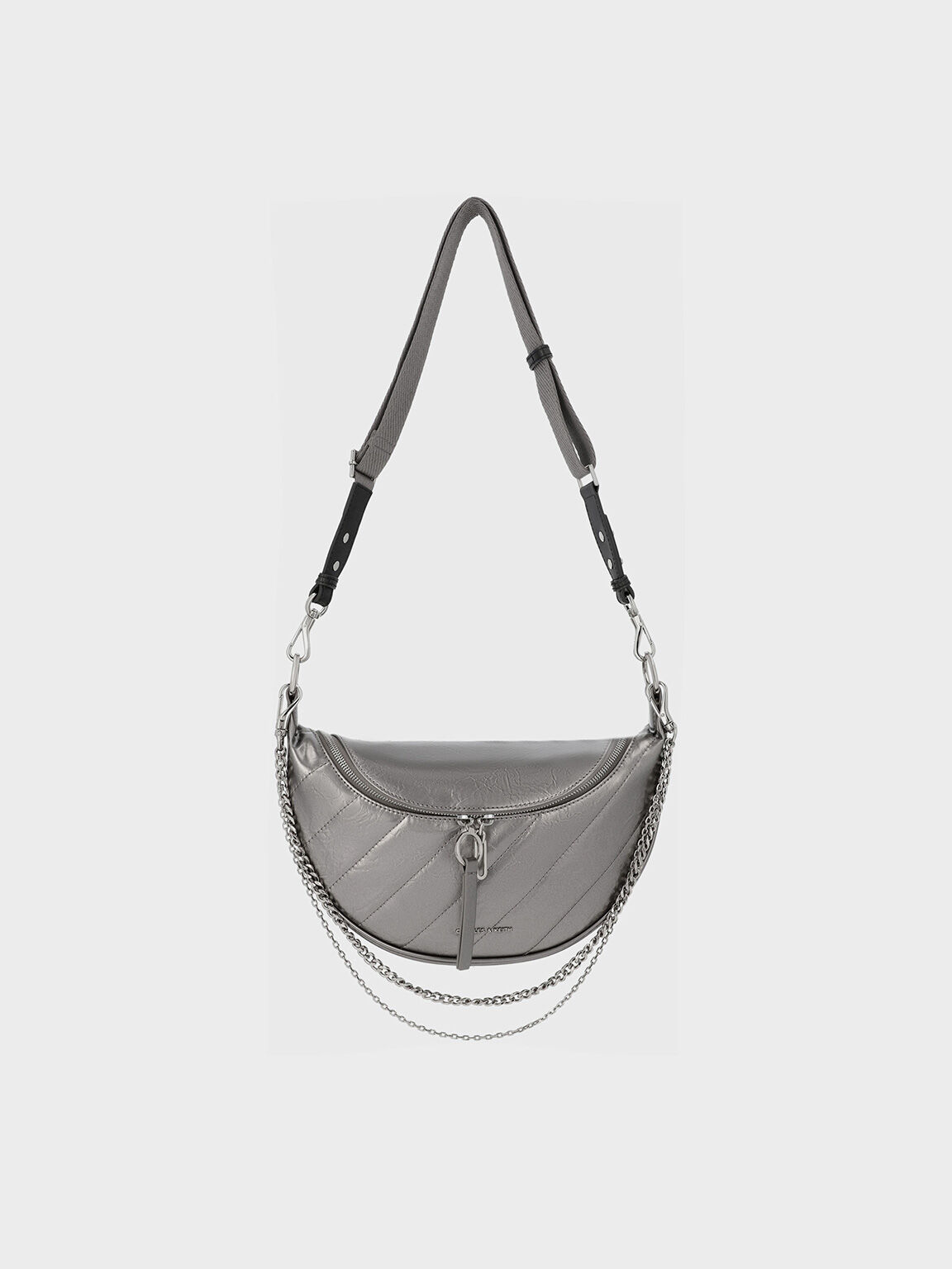 Philomena Metallic Half-Moon Crossbody Bag, Pewter, hi-res