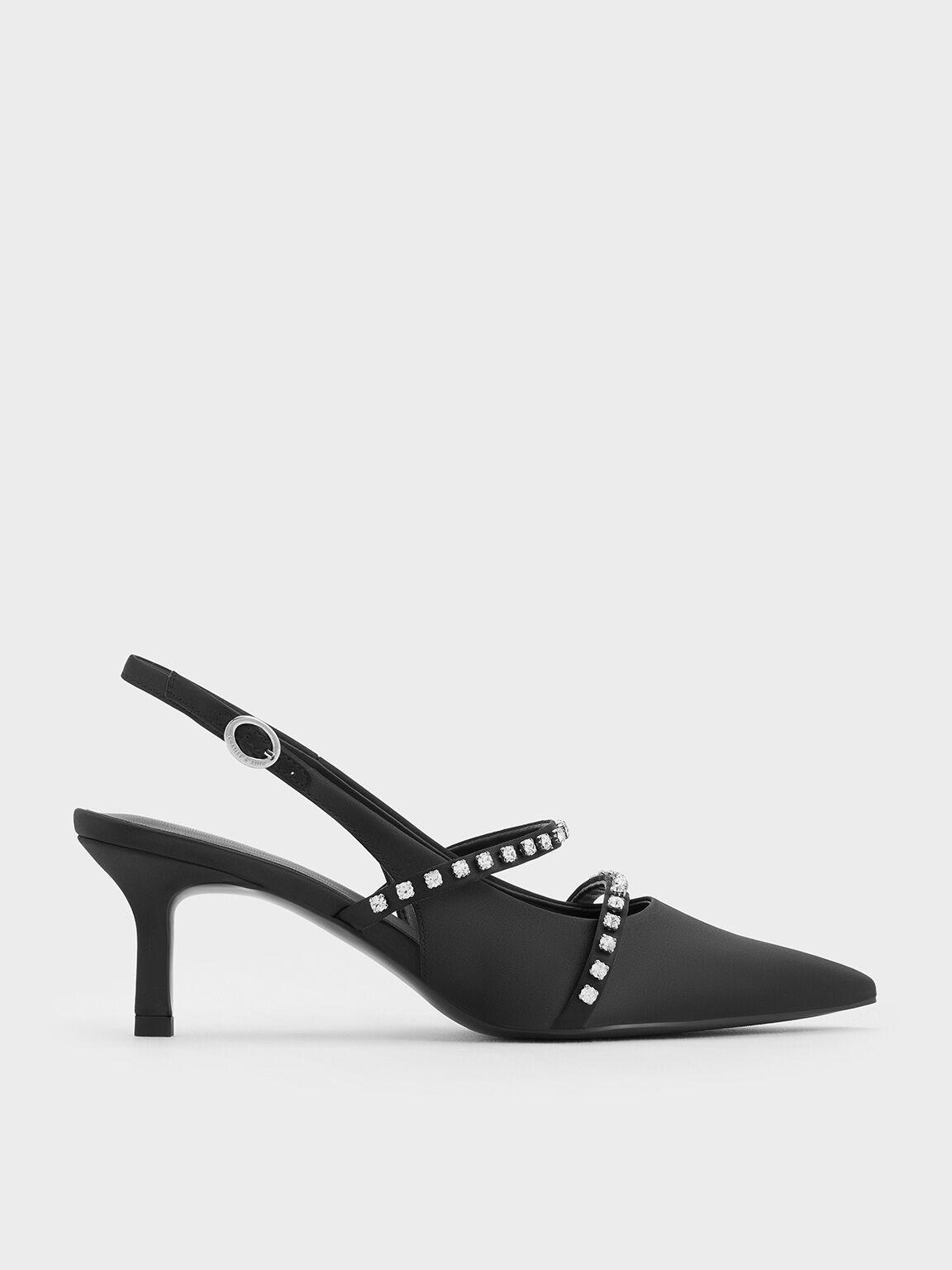 Satin Crystal-Embellished Mary Jane Pumps, Black Textured, hi-res