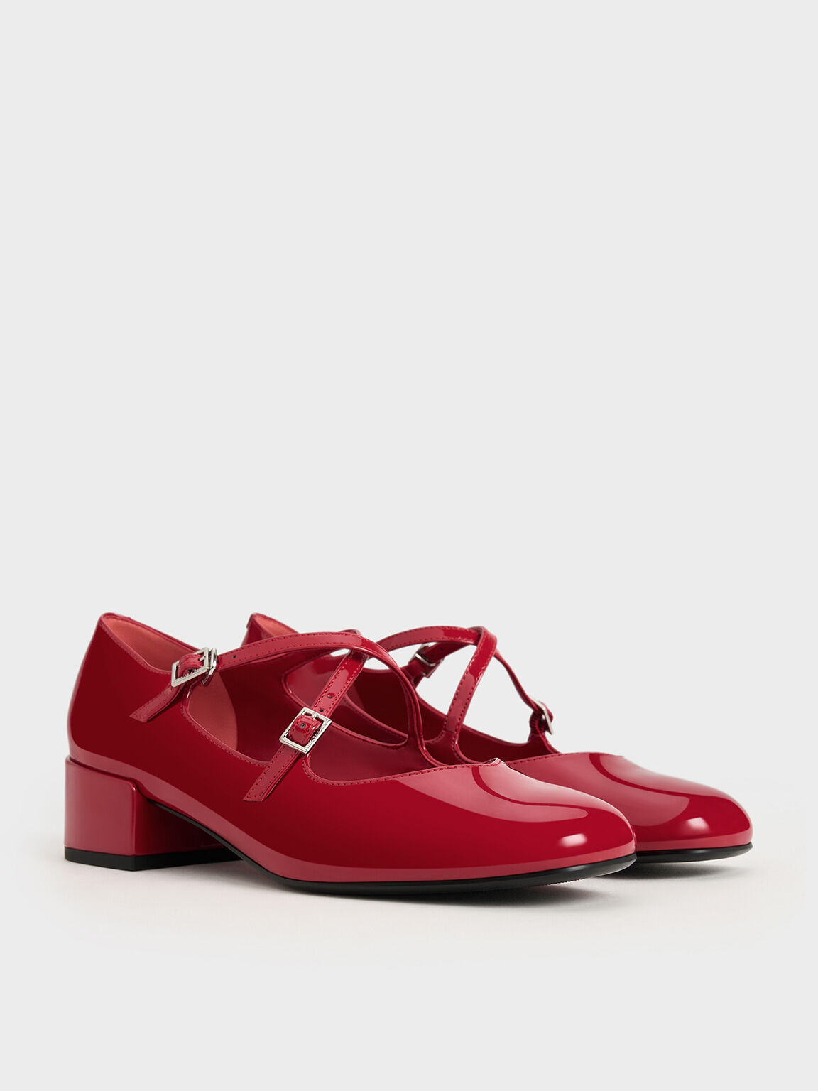 Patent Crossover-Strap Block-Heel Mary Janes, Red, hi-res