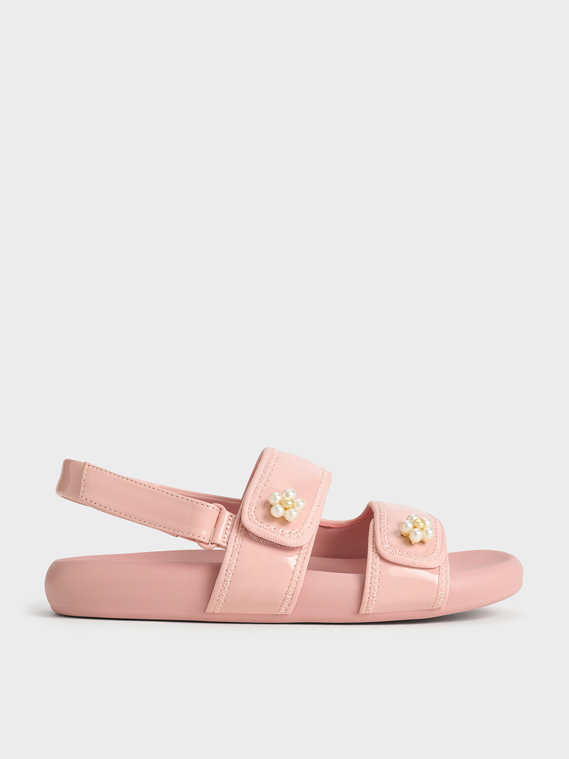 Girls' Patent Beaded-Flower Sandals, Blush, hi-res