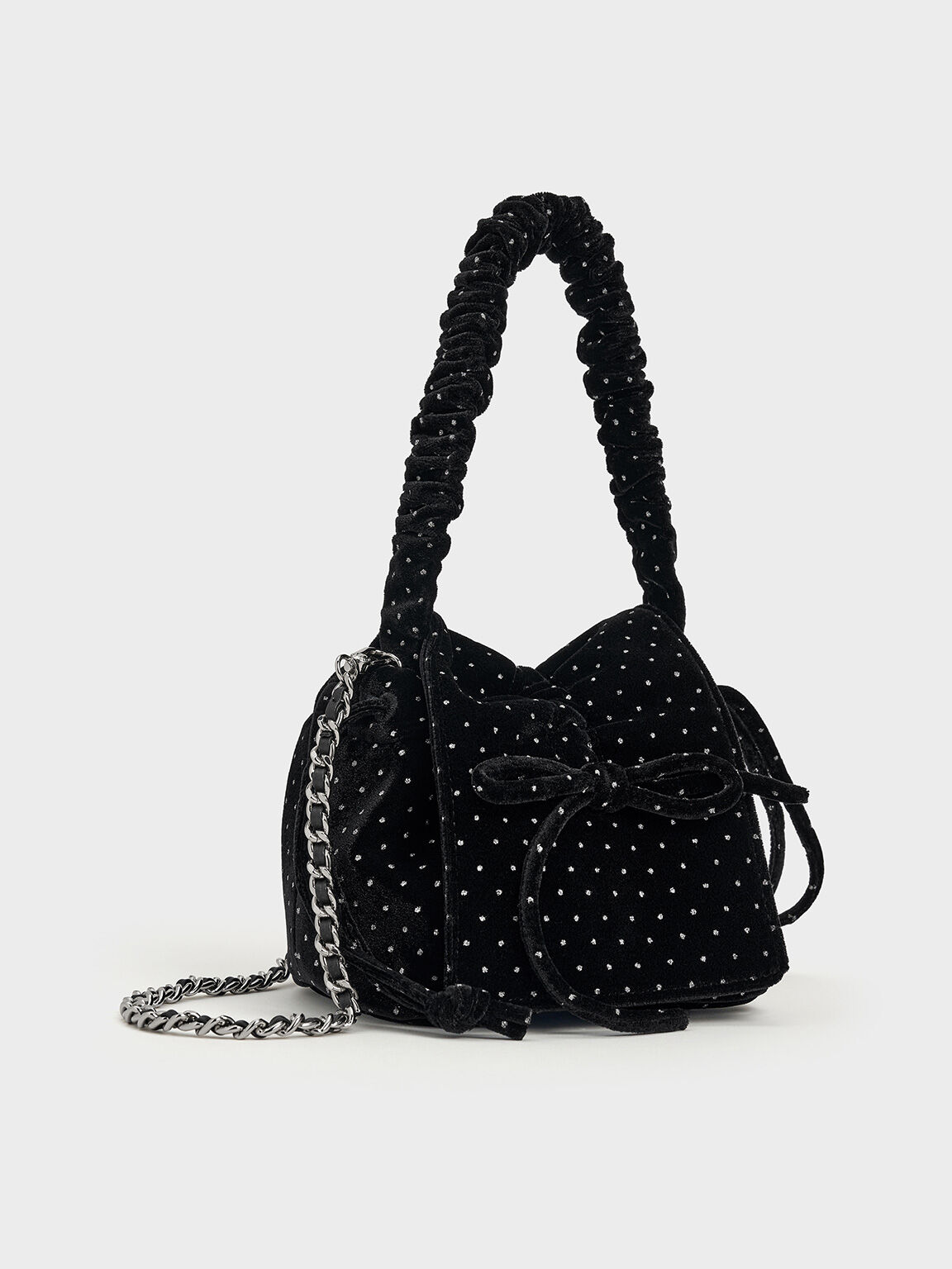 Velvet Dotted Bow Ruched Top Handle Bag, Black Textured, hi-res