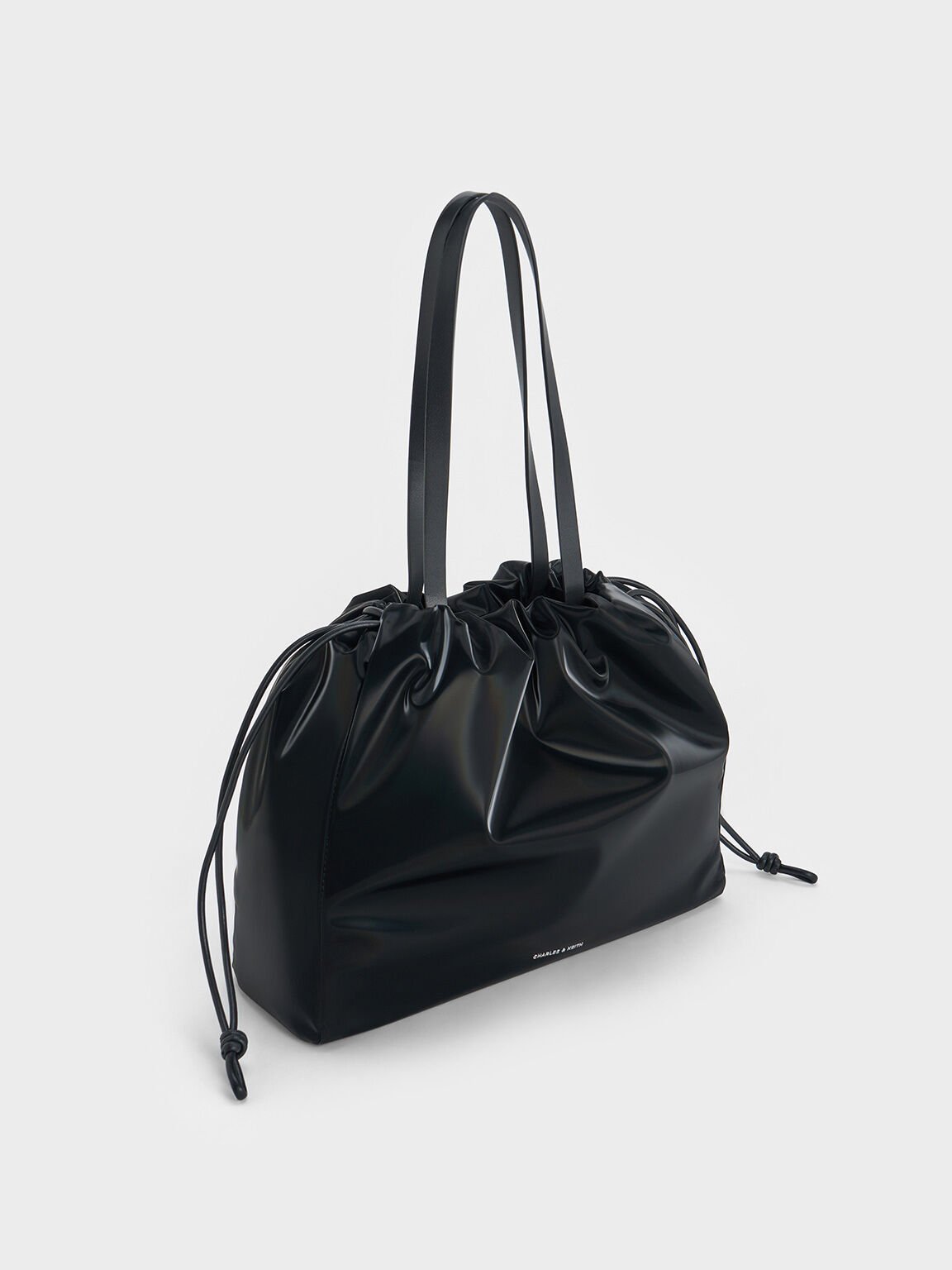 Bethel Shiny Ruched Drawstring Tote Bag, Jet Black, hi-res