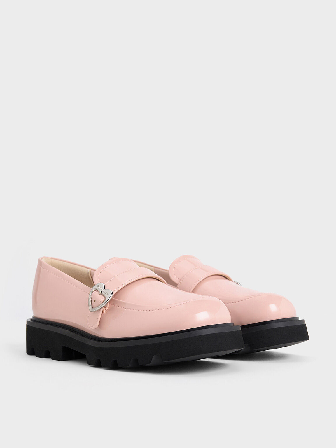 Girls' Patent Heart-Buckle Loafers, Pink, hi-res