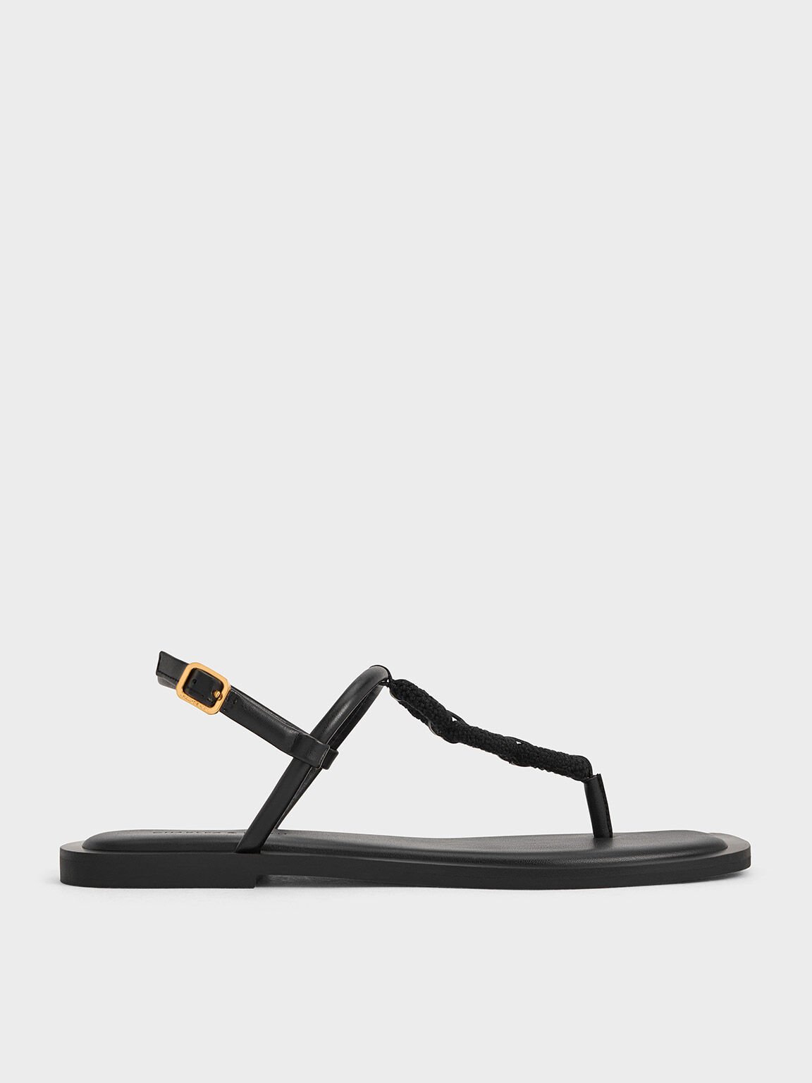 Raffia Ring Thong Sandals, Black, hi-res