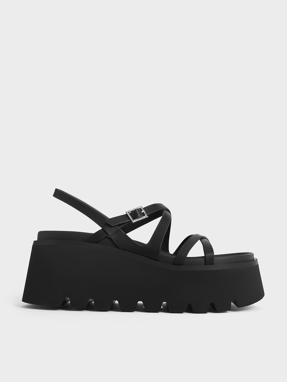 Strappy Crossover Flatform Sandals, Black, hi-res