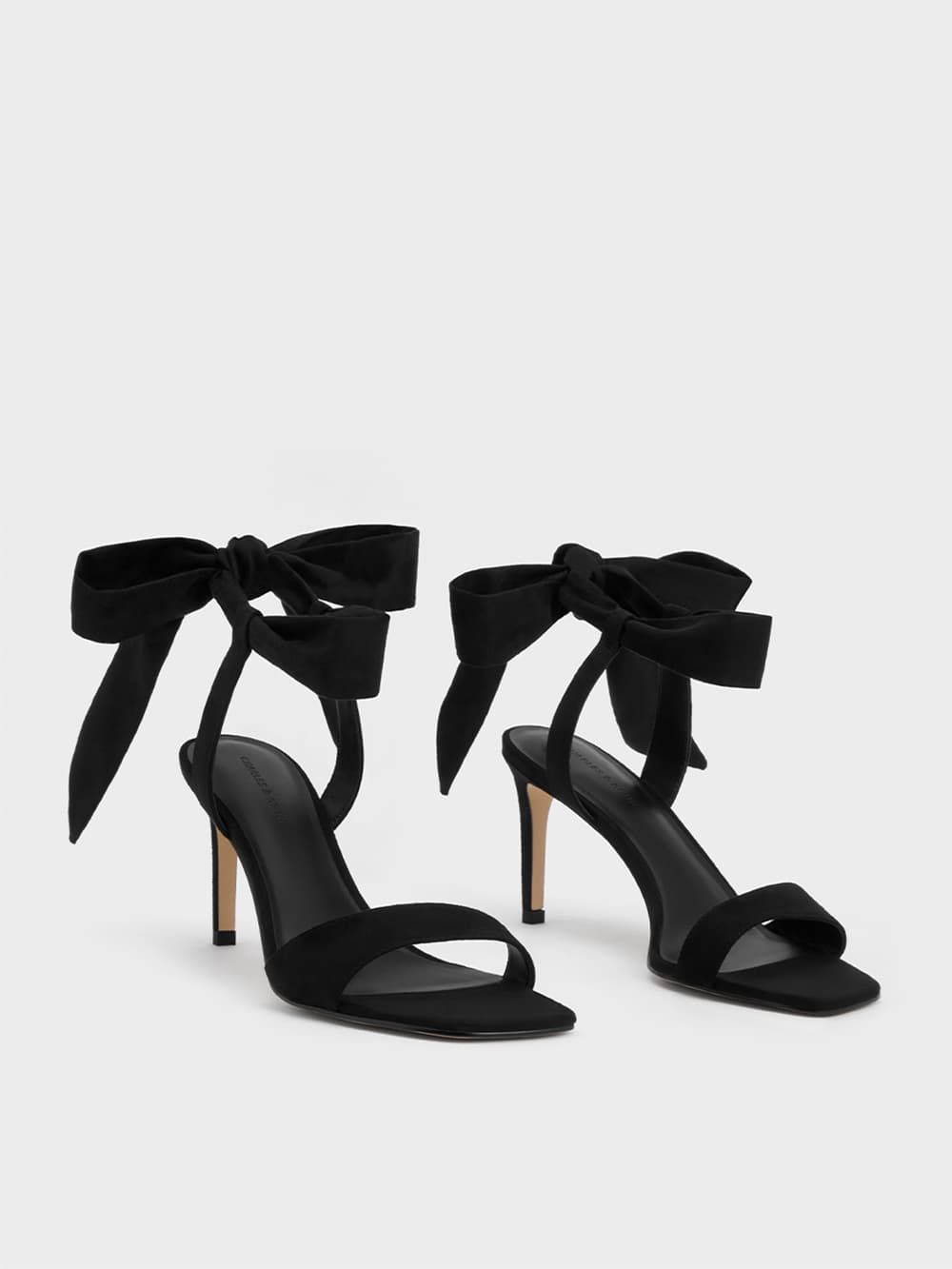 Women's Black Textured Tie-Around Heeled Sandals - CHARLES & KEITH