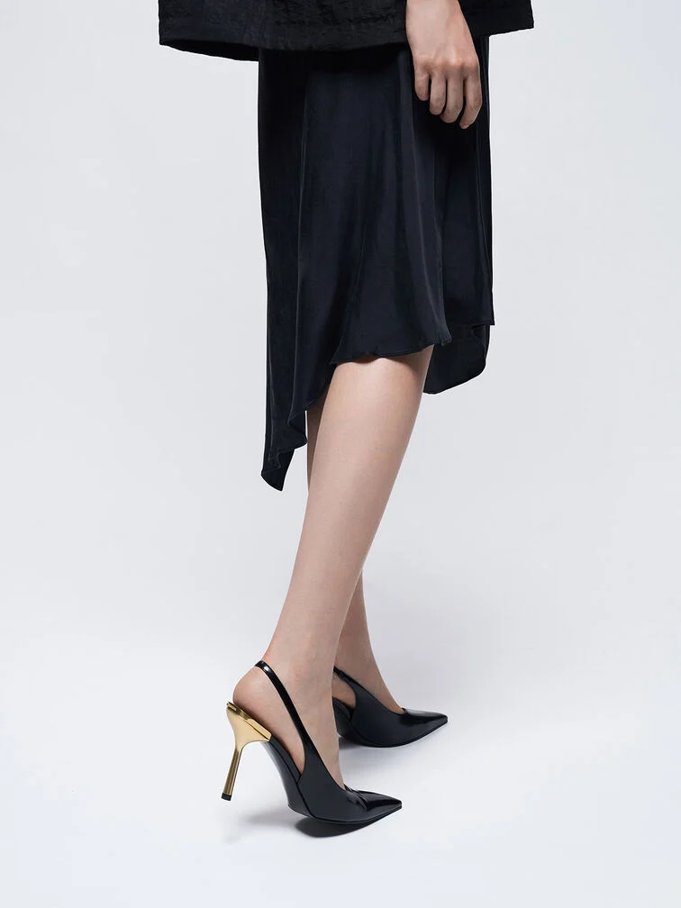 Women’s metallic-heel pointed-toe slingback pumps in black - CHARLES & KEITH