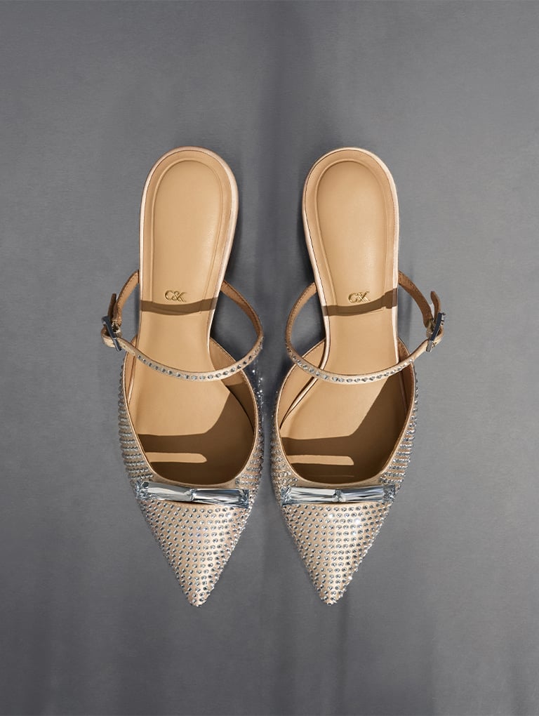 Women’s recycled polyester crystal-embellished bow kitten-heel mules in sand - CHARLES & KEITH