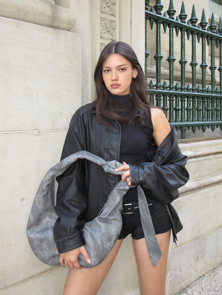 Women’s Toni knotted curved hobo bag in dark grey & Robbie denim-effect platform knee-high boots, as seen on Diana Avel - CHARLES & KEITH