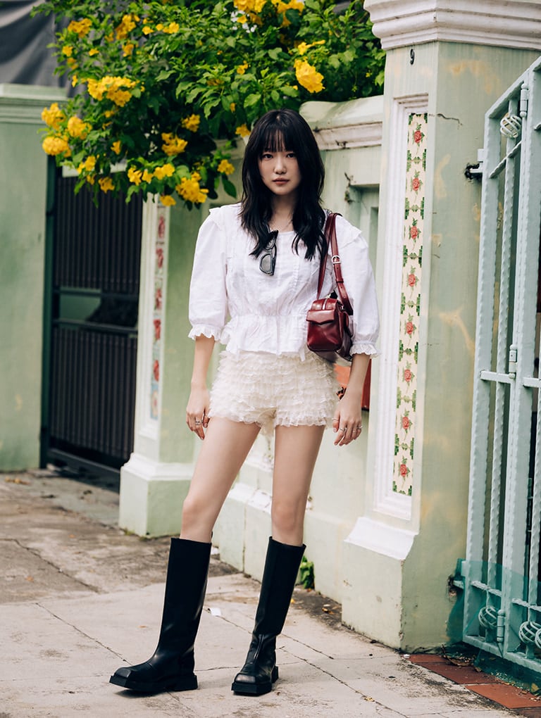 Rachel Elongated Multi-Pocket Shoulder Bag in burgundy and Lorde Square-Toe Knee-High Boots in black - CHARLES & KEITH