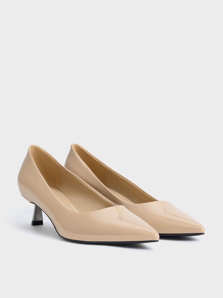 Women’s patent pointed-toe kitten-heel pumps in nude - CHARLES & KEITH