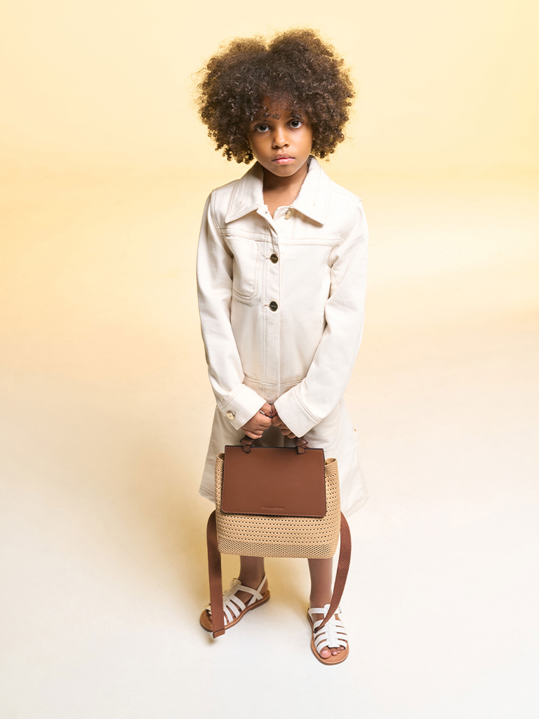 Girls’ Ida knitted front flap backpack in beige - CHARLES & KEITH