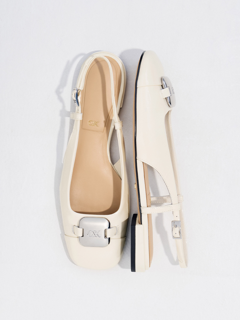 Women’s patent leather metallic-accent slingback flats in white – CHARLES & KEITH