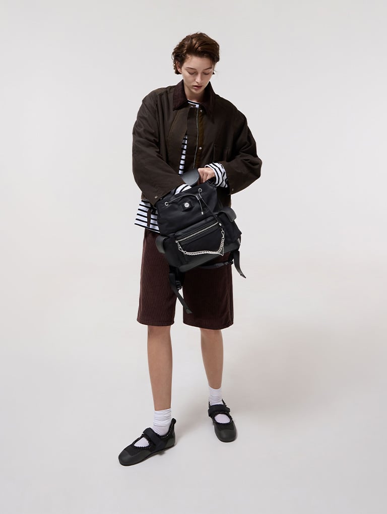 Women’s Nylon Puffy Chain-Link Backpack in black and Mesh Pearl-Embellished Mary Jane Sneakers in black  - CHARLES & KEITH