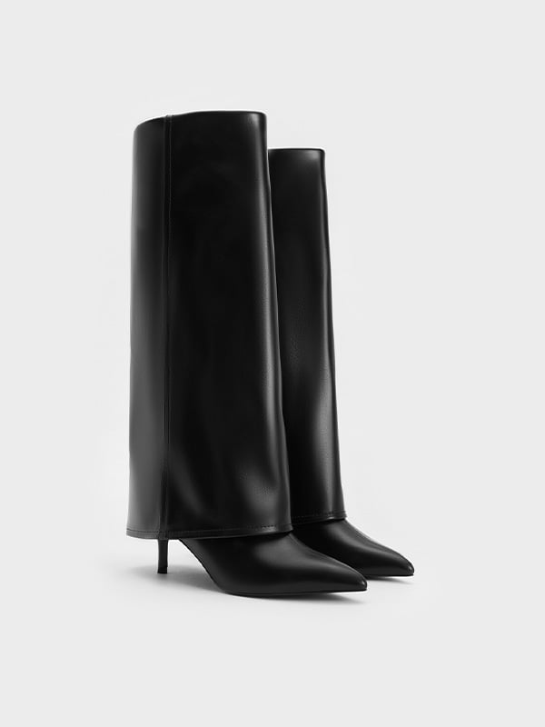 Women's Black  Fold-Over Pointed-Toe Knee-High Boots-  CHARLES & KEITH