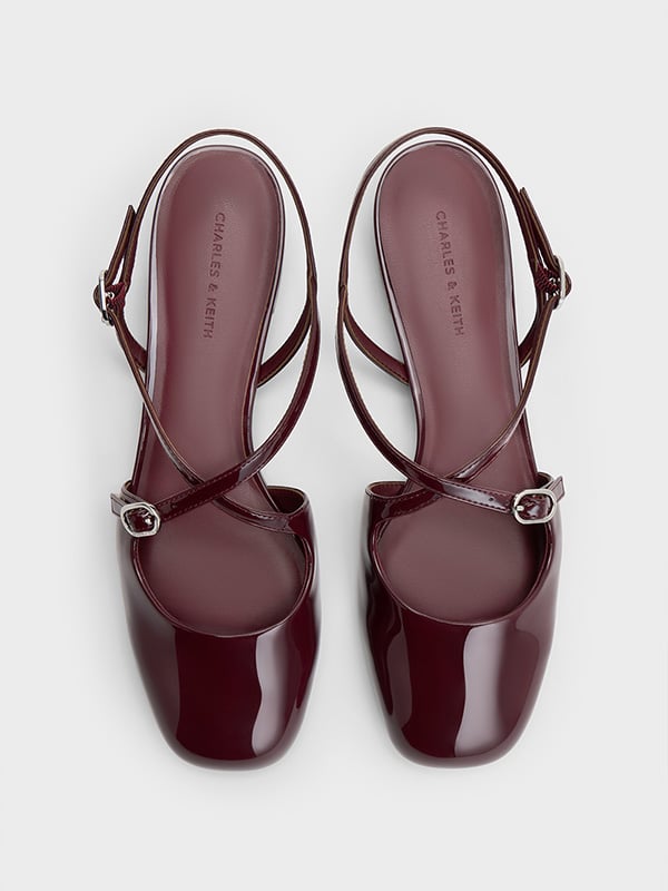 Women's Burgundy Patent Crossover Buckled Slingback Flats- CHARLES & KEITH