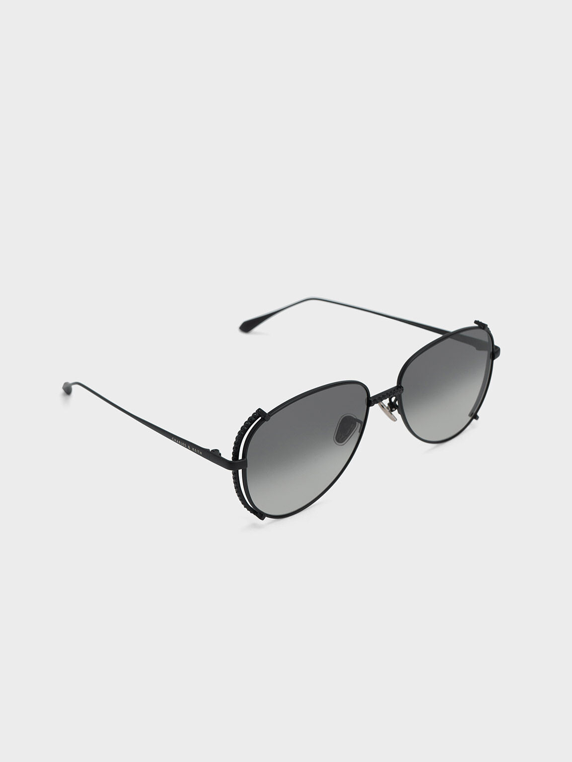 Gem-Embellished Wireframe Aviator Sunglasses - Black