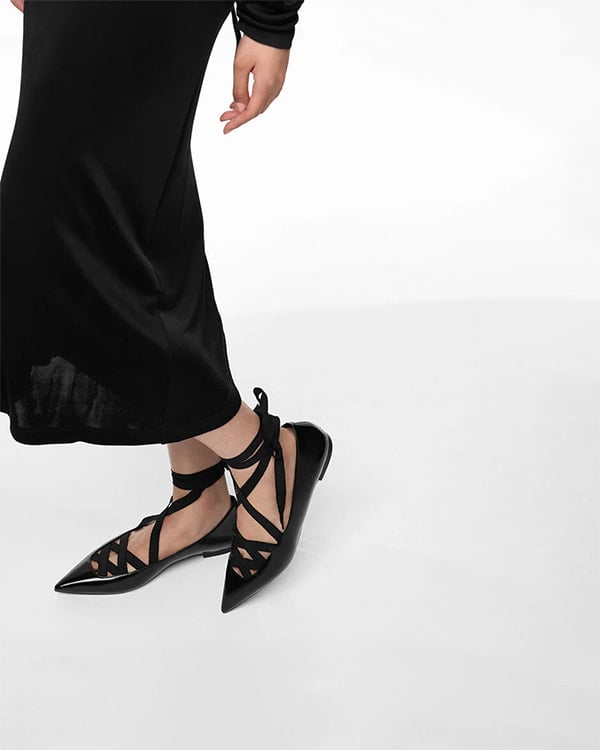 Women's Black Box Pointed-Toe Tie-Around Ballet Flats - CHARLES & KEITH