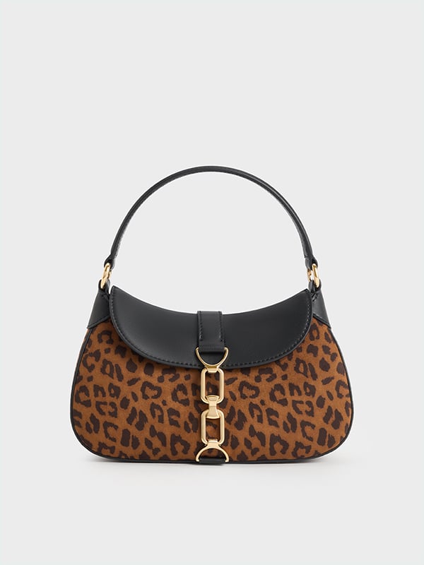 Women's Multi Agatha Leopard-Print Chain-Accent Hobo Bag -  CHARLES & KEITH