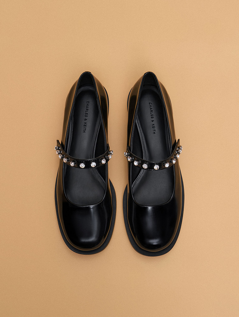 Women’s gem-encrusted Mary Janes in black (close up) – CHARLES & KEITH